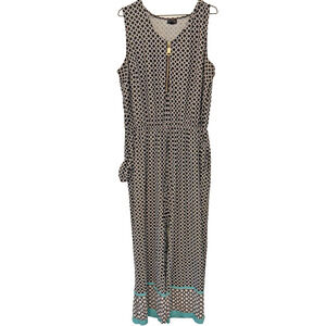 Tacera Jumpsuit Women 2X Geo Circle Print Sleeveless Zip Front Wide Leg Teal Blk